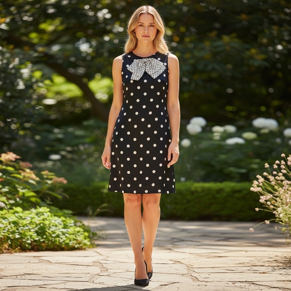 Tracy Negoshian Violet Polka Dot Bow Neck Sleeveless Satin Shift Dress Small NEW